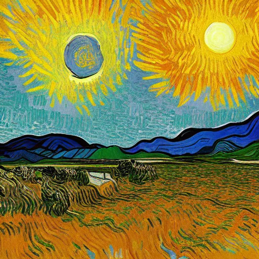 Prompt: sunny day, sun in the sky - digital art by vincent van gogh