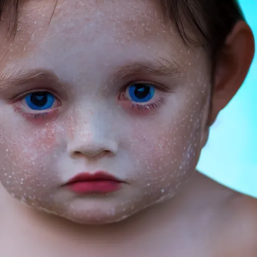 Image similar to a little blue girl with messy black hair she has sharp pointed ears freckles along the ridges of her cheeks, high resolution film still, 4k, HDR colors