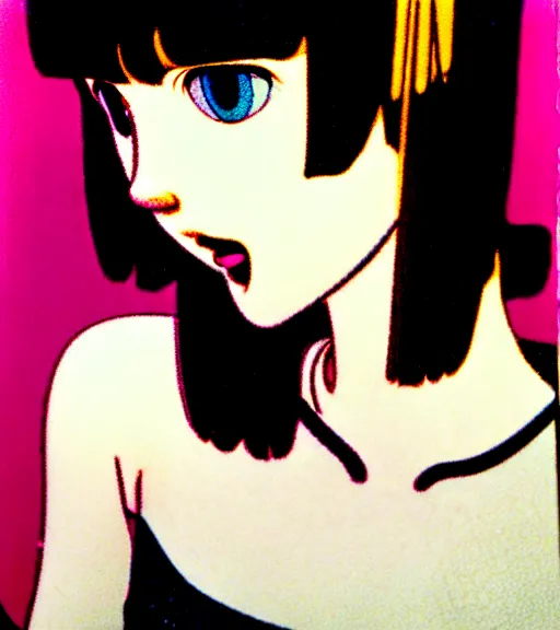 Image similar to girl with morbid thoughts wearing a black spring dress with short brown hair, queen of sharp needles and under the effect of psychosis, by Range Murata, Katsuhiro Otomo, Yoshitaka Amano, Andy Warhol.