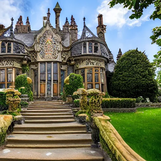 Image similar to This image is of an ornate fantasy house. It has a large, turreted main house with a smaller house attached. Both houses are adorned with intricate carvings and detailed stonework. There is a large garden with fanciful topiary and a stone path leading up to the front door. Photography.