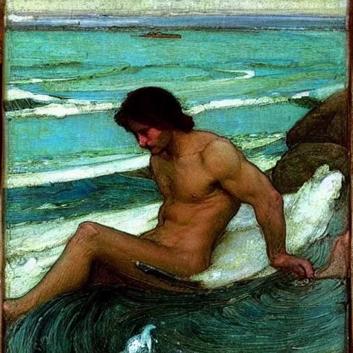 Prompt: A merman deep in the ocean, John William Waterhouse
