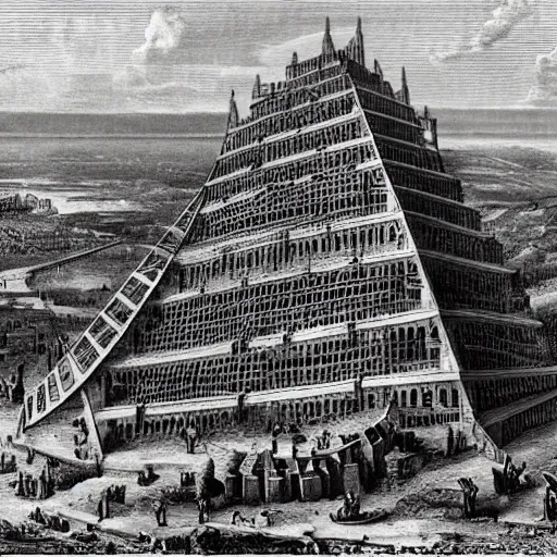Image similar to construction of the tower of Babel, ancient photography