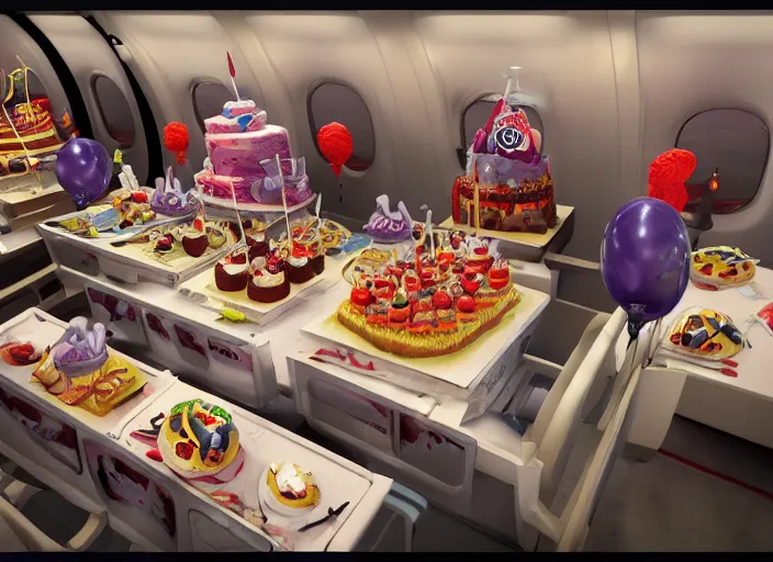 Prompt: boeing 737 cabin, zombies, birthday party, party hats, balloons, birthday cake, candles, realistic, wide angle, Unreal 5 engine, trending on artstation, by Huang Guangjian and Gil Elvgren and Sachin Teng