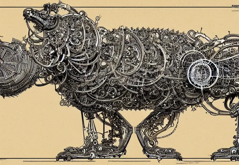 Image similar to schematic blueprint of highly detailed ornate filigreed convoluted ornamented elaborate cybernetic rat, art by da vinci