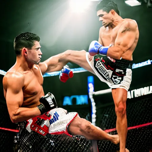 Image similar to chito vera knocks out dominick cruz via headkick, by annie leibovitz and steve mccurry, natural light, detailed face, canon eos c 3 0 0, ƒ 1. 8, 3 5 mm, 8 k, medium - format print