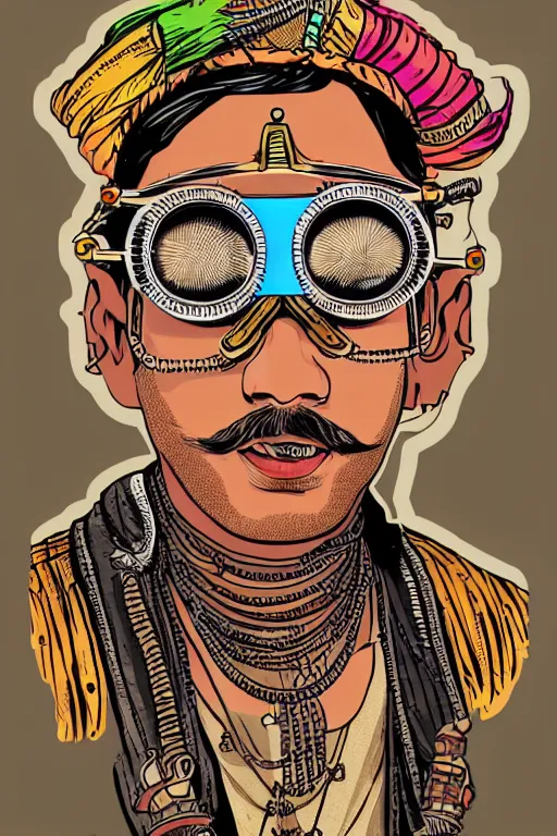 Image similar to face portrait of an indian man with long neon moustache rajasthani pagdi wearing madmax style steampunk goggles and steampunk jewelry, art by butcher billy, sticker, colorful, illustration, highly detailed, simple, smooth and clean vector curves, no jagged lines, vector art, smooth