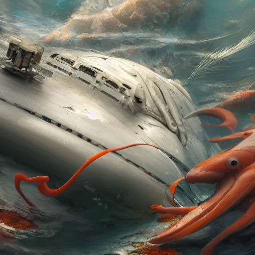 Prompt: subsurface scattering, white, giant submarine, koi colors, never koi, octane render, jesper ejsing, justin gerard, james jean, tomasz alen kopera, cgsociety, fenghua zhong, makoto shinkai, highly detailed, rim light, art, cinematic lighting, very coherent, hyper realism, 8 k