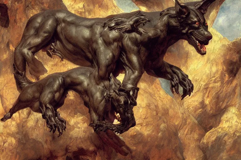 Image similar to hyperdetailed matte art of cerberus by william blake, ilya repin, amano, rene magritte, craig mullins, three headed dog, details