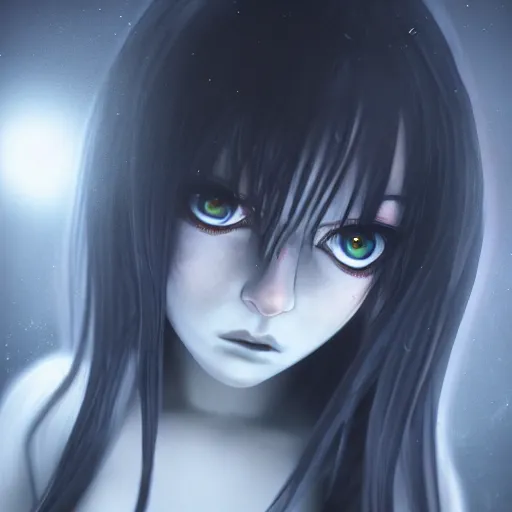 Prompt: full shot portrait of angry darkness anime girl hidden under a bed at moonlight, gothic wearing, worrying eyes, inspired by Tim Burton, detailed, unreal engine 4k volumetric light, dense fog,