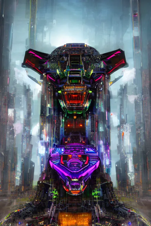 Prompt: giant imposing complex machine with evil cybernetic goat head at helm, multicolored, cyberpunk