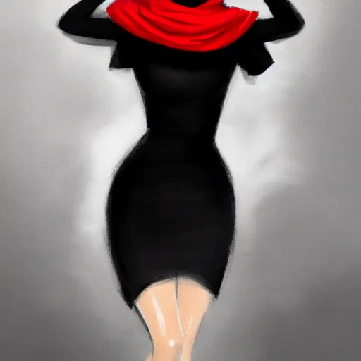 Image similar to beautiful woman in a black dress, full length photo, wearing a white hat and a red scarf, head bowed slightly, looking mischievously and mysteriously at the camera, wavy blond hair, knees upturned, very beautiful woman, 4k highly detailed, digital painting, artstation, concept art, matte, sharp focus, illustration, art by Artgerm and Greg Rutkowski and Alphonse Mucha