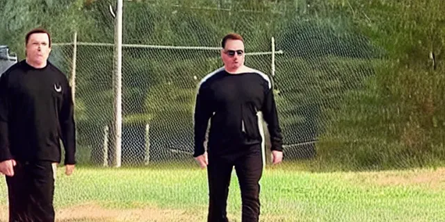 Image similar to full distant shot of bald elon musk in a tracksuit in trailer park boys