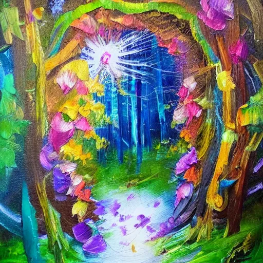 Prompt: secret hidden path in the forest leading to a doorway to outerspace, prismatic weather, flowers, expressive oil painting