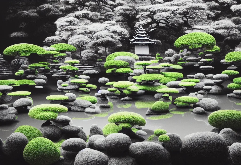 Image similar to serene beautiful temple rock garden kyoto, japan, a collage painting, in the style of wes anderson, lola dupre, david hockney, isolated on negative white space background dark monochrome fluorescent neon spraypaint accents volumetric octane render