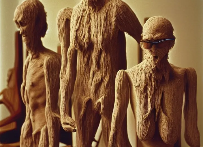 Image similar to realistic photo of a three hairy human sculptures by max ernst made of white clay, in a living room sci - fi laboratory with many wooden gadgets made of wood interior is made of wood 1 9 9 0, life magazine reportage photo, natural colors