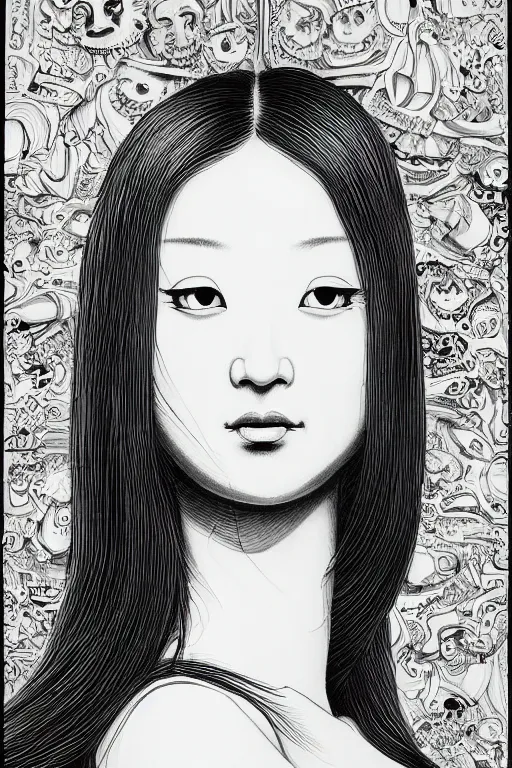 Image similar to beautiful portrait of a woman, negative no not mona lisa pose, highly detailed ink illustration of a dark alley of taipei, b & w clean shaped illustration by kim jung gi, ric estrada, ron english and eiichiro oda