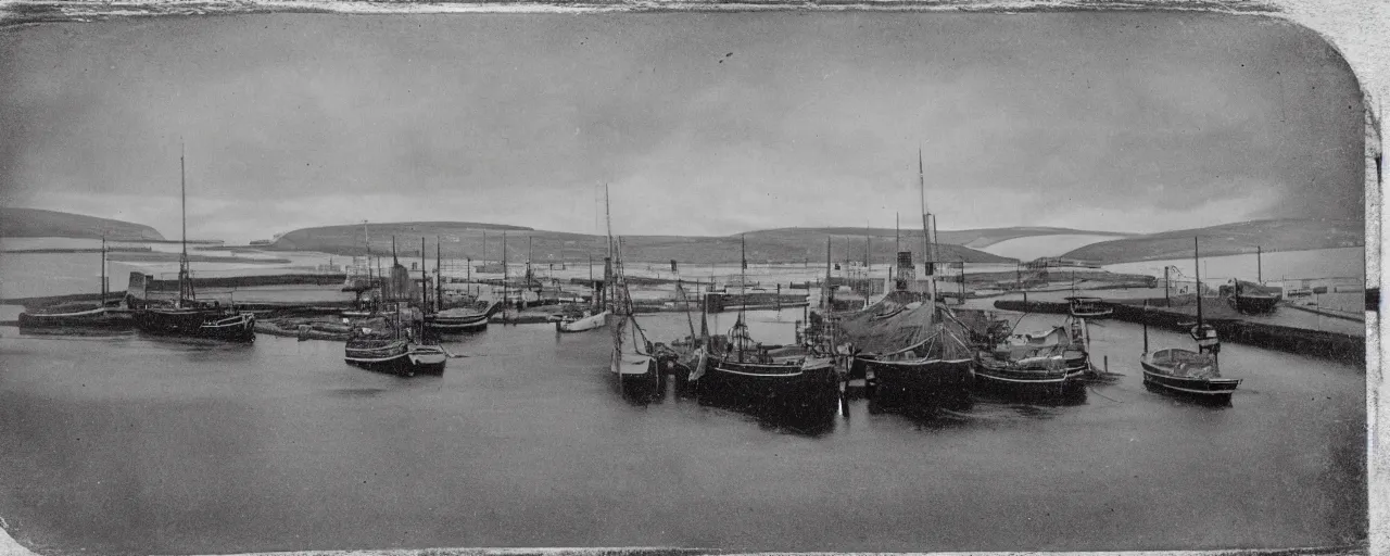 Image similar to a tintype photograph of the harbour at Stromness orkney