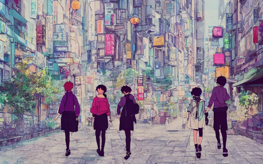 Image similar to 3 humans walking in a city mixed between tokyo and paris, near the see, lofi, dreamy, modofy, very colorful, anime inspiration, ghibli vibe