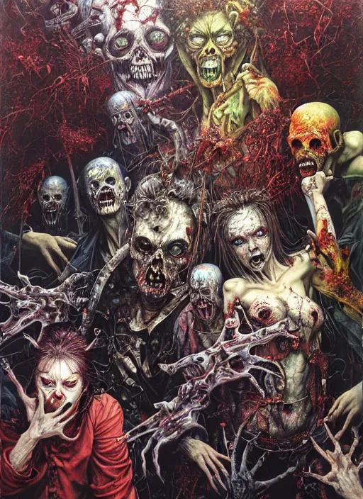 Prompt: realistic detailed image of zombies terrorizing a mall by Ayami Kojima, Amano, Karol Bak, Greg Hildebrandt, and Mark Brooks, Neo-Gothic, gothic, rich deep colors. Beksinski painting, part by Adrian Ghenie and Gerhard Richter. art by Takato Yamamoto. masterpiece