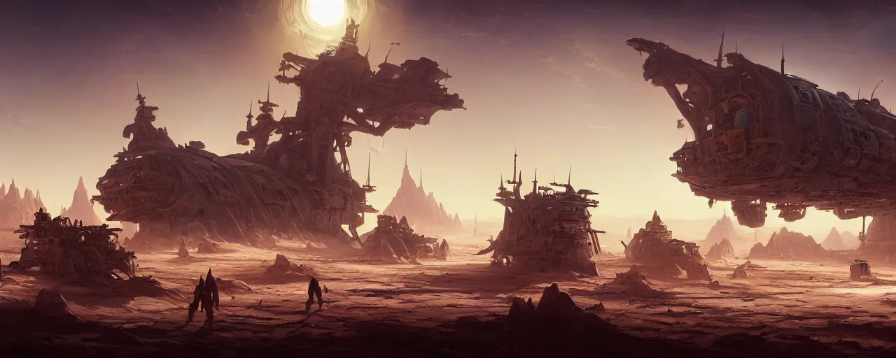 Image similar to an intricate concept art of ship of space pirates landing in a desert ruined world, concept art, matte painting, style by dylan cole and tyler edlin art, hyper realistic, sci - fi, environment design, wide angle, unreal engine, epic lighting,