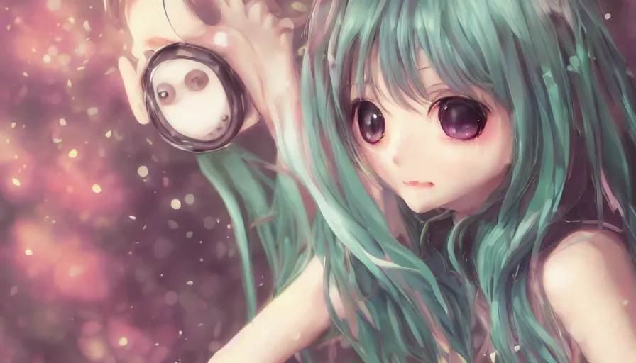 Image similar to cute anime girl by wlop, detailed eyes, heterochromia, bright eyes, full body shot, wide angle, posing, happy expression, short minidress, light clothing, light rain, hyper real, detailed digital art, hatsune miku, photorealistic