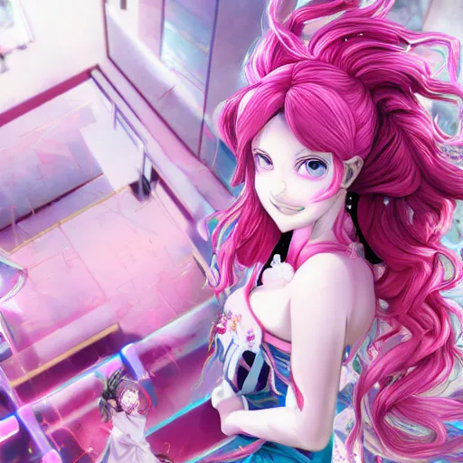Prompt: trapped by stunningly beautilful omnipotent megalomaniacal anime asi goddess who looks like junko enoshima with symmetrical perfect face and porcelain skin, pink twintail hair and cyan eyes, taking control while smiling inside her surreal vr castle, hyperdetailed, digital art from danganronpa, 2 d anime style, 8 k