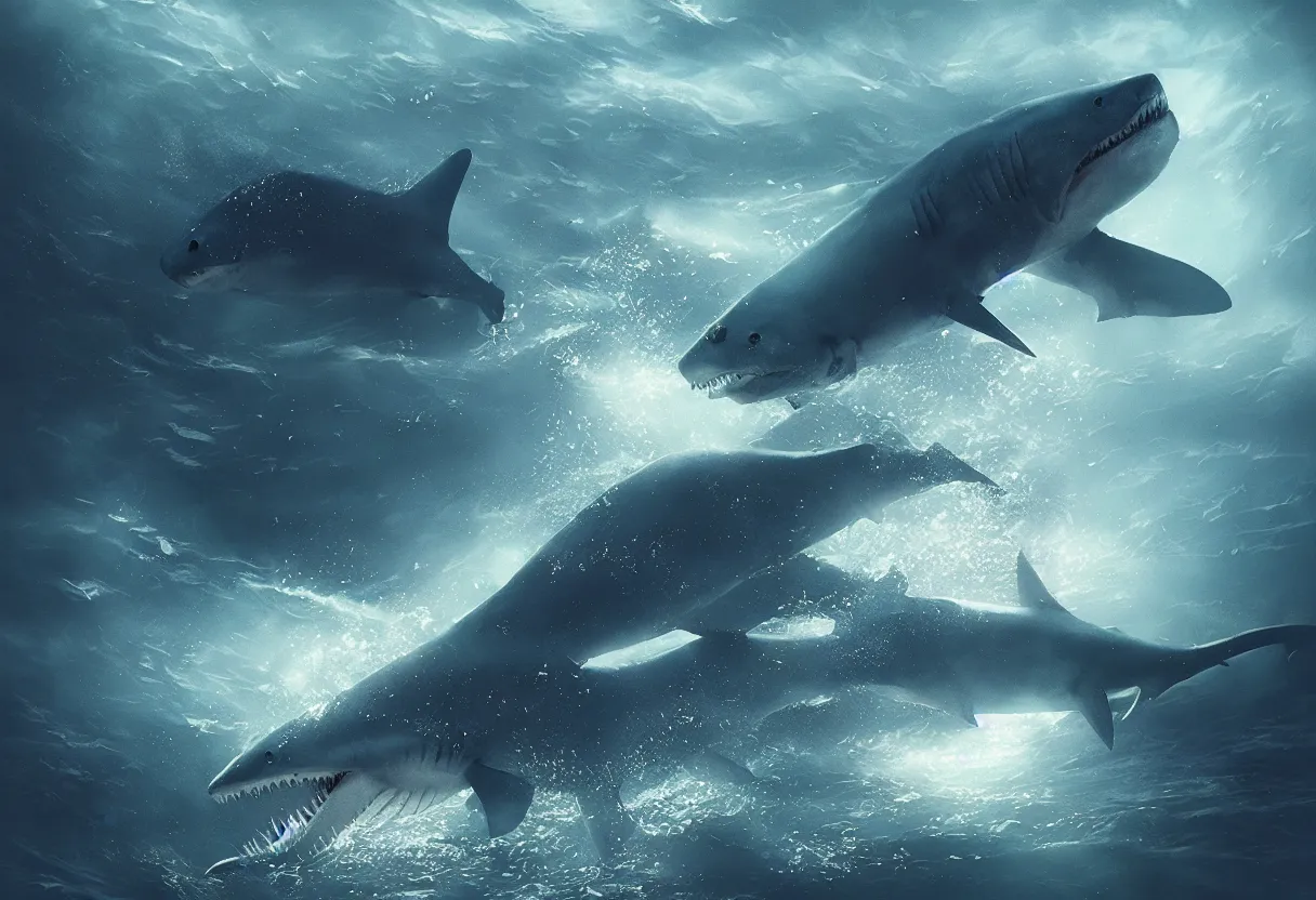 Prompt: big monster shark in deep blue sea with jellyfishes, cinematic lighting, atmospheric, hyper realism, realistic, octane render, dramatic lighting, highly detailed, cinematic, art by greg rutkowski