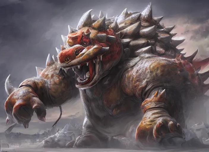 Image similar to detailed concept art of a huge giant bowser by cheng yi and luolin, artstation, artstationhd, detailed scales, bowser, bowser nintendo, koopa ( ( mario ) ) bcy. net, realistic.