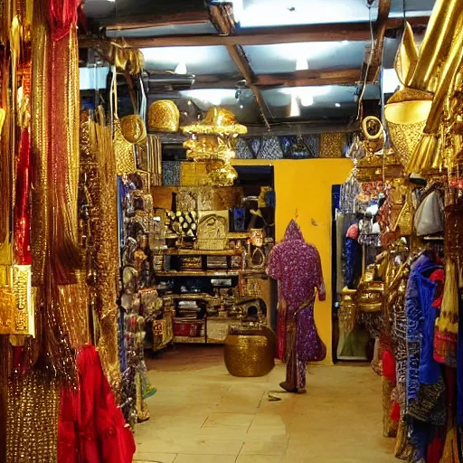 Image similar to a bazaar shop full of golden items, with a genie peeking out of a back room