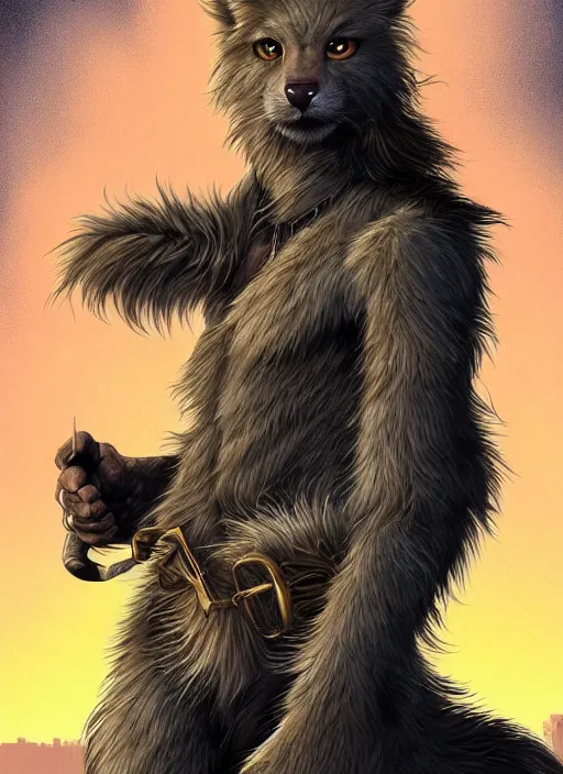 Prompt: aesthetic portrait commission of a of a male fully furry anthro ( animal ) with a tail and a beautiful attractive hyperdetailed face wearing wearing a outfit in a sci - fi dystopian city at golden hour while it storms in the background. character design by dayer, diego 5, detailed, inked, western comic book art, award winning film poster painting