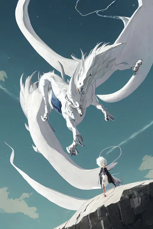 Prompt: vanishing point, white hair eva riding on the white dragon's neck ready to fight, by victo ngai and makoto shinkai, partner, adiant light, minimalist, unreal engine 5, concept art ， highly rendered,, digital painting, artstation, concept art, smooth, sharp foccus, artstation hq