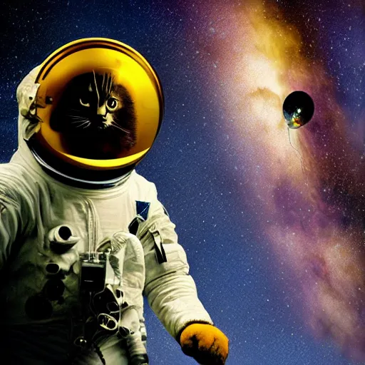 Prompt: cat with astronaut helmet flying over the cosmos, photo