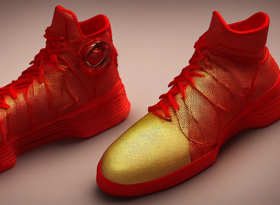 Prompt: realistic 3 d render of a futuristic sneaker, beautiful studio lighting, soft, sharp focus, neon cyberpunk highlights, intricate detail, gold and red fabric, soft rubber, textured plastic, hexagon mesh, filigree, octane render, side view, close up, trending on artstation, deviantart, nike, adidas, converse, reebok, salomon