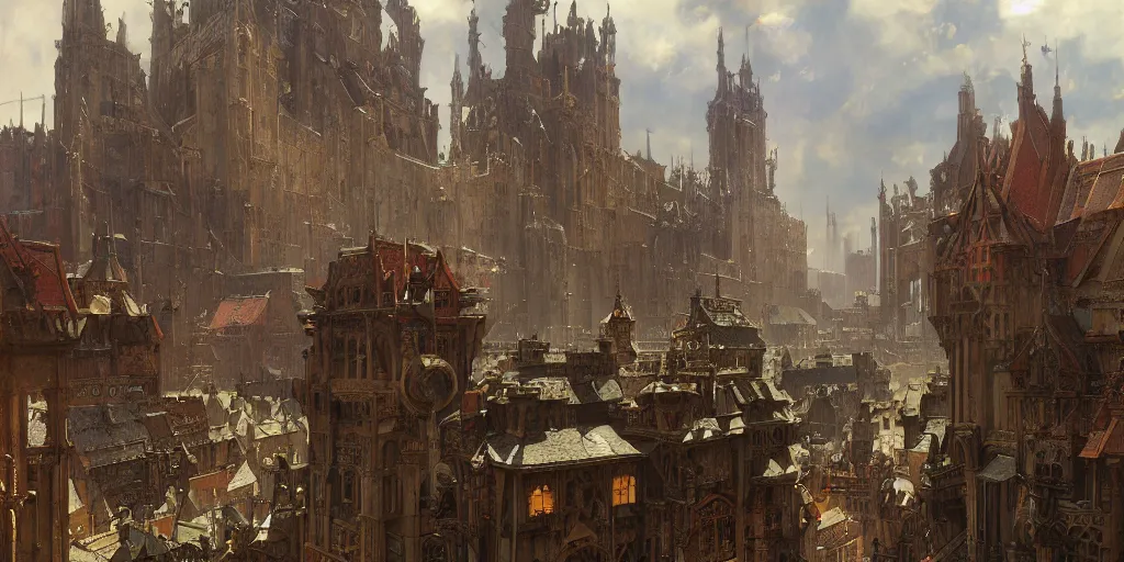 Image similar to medieval city standing on a giant cog gear mechanism buildings vista artstation illustration sharp focus sunlit vista painted by ruan jia raymond swanland lawrence alma tadema zdzislaw beksinski norman rockwell tom lovell alex malveda greg staples