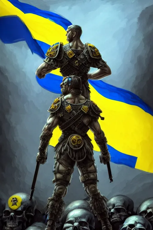 Image similar to a distant shot from behind of a Ukrainian super soldier with blue and yellow flag behind him standing alone on a huge pile of skulls as a winner, masculine muscular figure, D&D, fantasy, intricate, elegant, highly detailed, extremely detailed, digital painting, artstation, concept art, matte, sharp focus, symmetrical, illustration, art by Artgerm and Greg Rutkowski and Alphonse Mucha