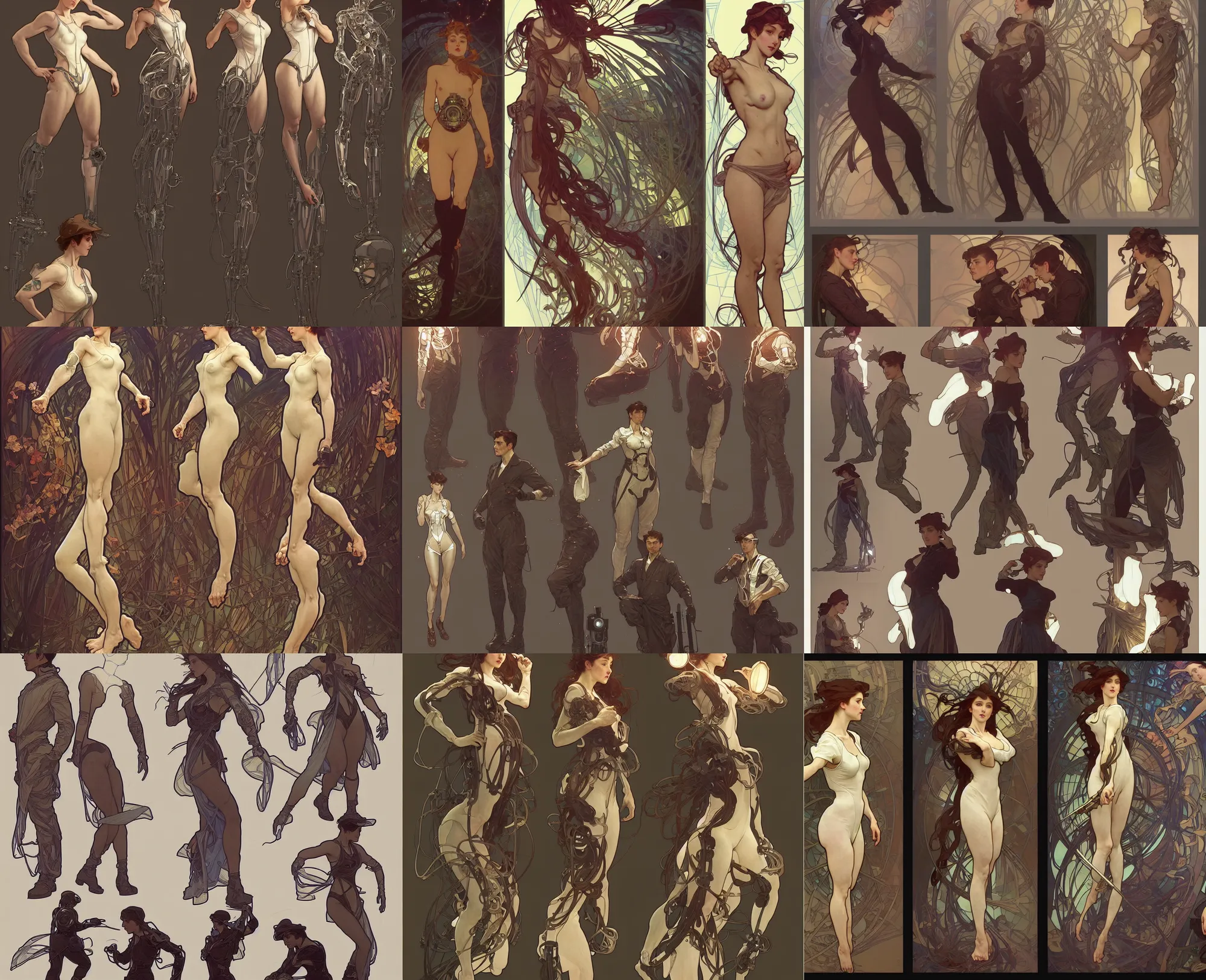 Prompt: a digital three - view concept art by artgerm and greg rutkowski and alphonse mucha. full body!! t pose!! clear portrait of a lonely attractive machinist in uniform!! future factory, sci - fi repair tools, light effect. hyper detailed, character concept, glowing lights!! intricate, elegant, digital painting, artstation, smooth, sharp focus