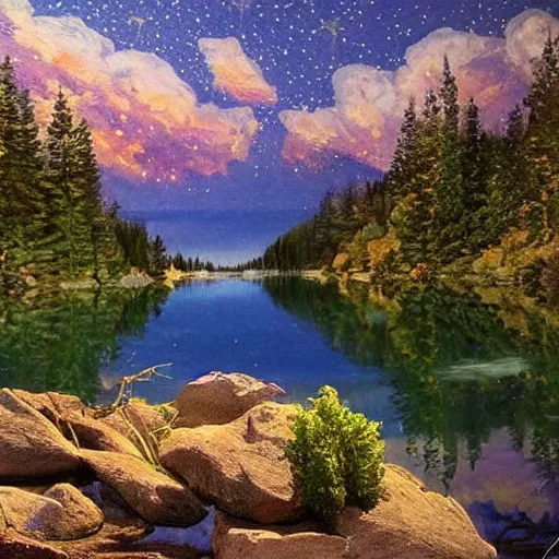 Prompt: highly detailed beautiful lake, with stars