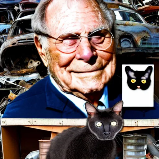 Image similar to a cat with the face of donald rumsfeld in a junk yard, photo, detailed, 4 k