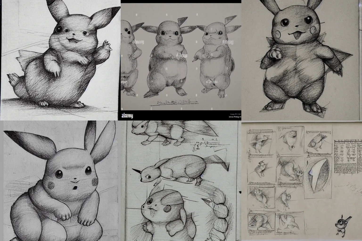 Prompt: leonardo da vinci intricate full page scan of study sheet of drawings of pikachu animal, on grey paper sketch ink style, detailed