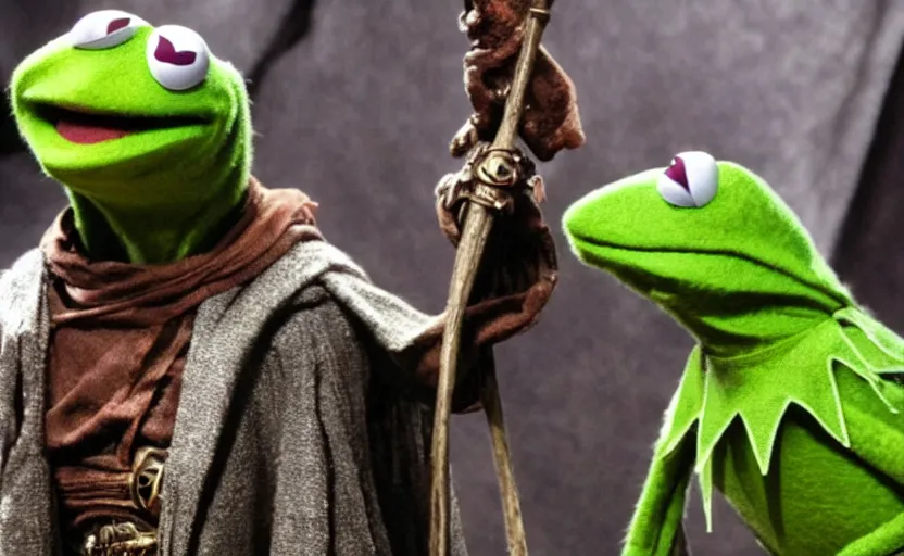 Prompt: kermit as a dark mage, a still from the dark crystal, high quality, very detailed, cinematic,