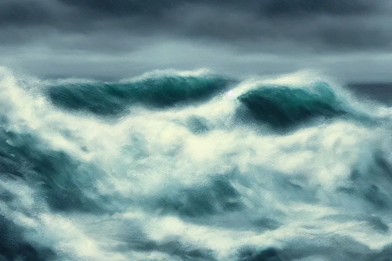 Prompt: stormy ocean with roiling waves and a cloudy sky, digital art, trending on artstation