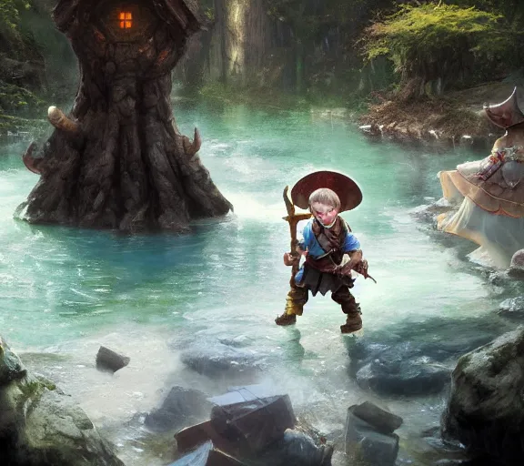 Image similar to fantasy halfling dice gambling with a white haired dwarf next to a shallow creek, oil painting, greg rutkowski, highly detailed, colorful, unreal engine, octane render, dramatic lighting, cinematic composition,