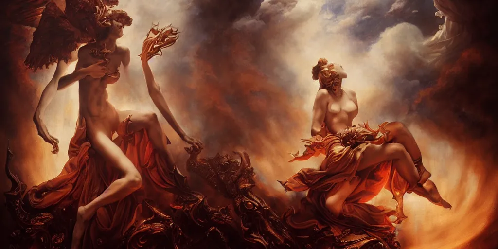 Image similar to The war between heaven and hell, by Rolf Armstrong and Evelyn De Morgan and Bastien Lecouffe-Deharme, dramatic lighting, high contrast colors, baroque, empyrean, panoramic view, as trending on Artstation, highly detailed, quake engine,