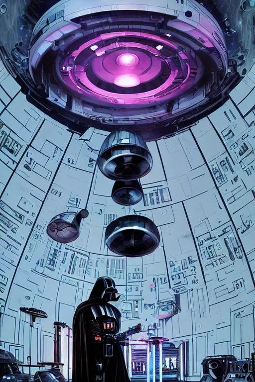 Prompt: darth vader dj standing on a giant science fiction turntable at a deathstar rave, digital art, winning award masterpiece, fantastically beautiful, illustration, dan mumford, moebius, artgerm, wlop 8 k