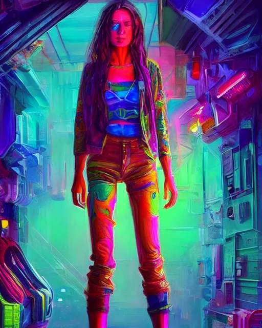 Image similar to colorful full body portrait of a hippie, set in the future 2 1 5 0 | highly detailed | very intricate | symmetrical | professional model | cinematic lighting | award - winning | painted by mandy jurgens | pan futurism, dystopian, bold colors, cyberpunk, groovy vibe, anime aesthestic | featured on artstation