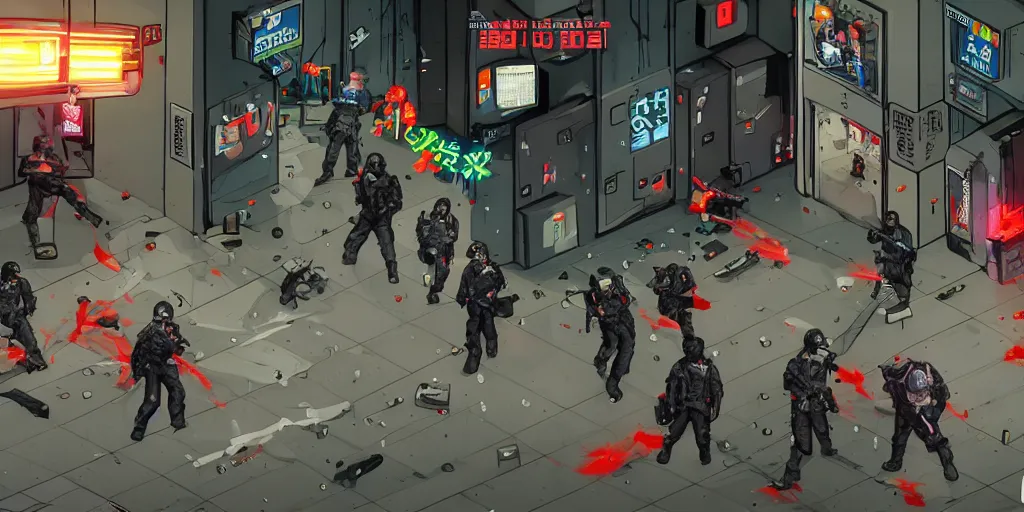 Prompt: 1990 Video Game Screenshot, Anime Neo-tokyo Cyborg bank robbers vs police, Set in Cyberpunk Bank Lobby, bags of money, Multiplayer set-piece :9, Police officers hit by bullets, Police Calling for back up, Bullet Holes and Blood Splatter, :6 ,Hostages, Smoke Grenades, Riot Shields, Large Caliber Sniper Fire, Chaos, Cyberpunk, Money, Anime Bullet VFX, Machine Gun Fire, Violent Gun Action, Shootout, Escape From Tarkov, Intruder, Payday 2, Highly Detailed, 8k :7 by Katsuhiro Otomo + Sanaril : 8