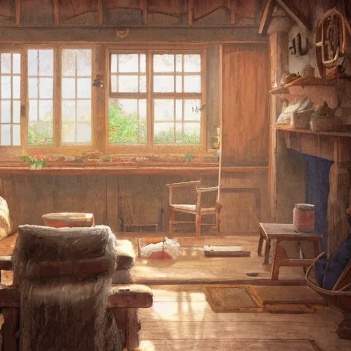 Prompt: concept art painting of interior of a cozy cottage with european and japanese design, realistic, detailed, cel shaded, in the style of makoto shinkai and greg rutkowski and james gurney