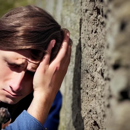 Image similar to Photograph of an utterly terrified young man with long hair on the verge of panic tears cornered against a stone wall. He is wearing a 1930s attire. He looks utterly panicked and distressed.