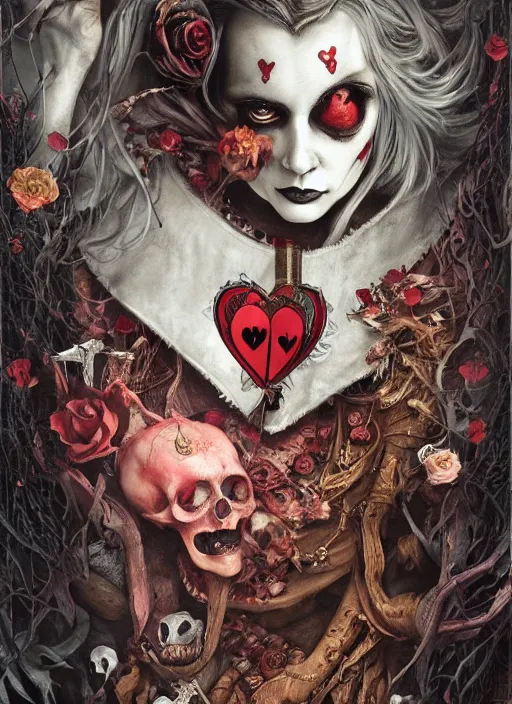 Image similar to Queen of Hearts, Alice in Wonderland, Death Tarot card,highly detailed,half skull face,cinematic,8k,by Stanley Artgermm,Tom Bagshaw,Greg Rutkowski,Carne Griffiths, Ayami Kojima, Beksinski, Giger,trending on DeviantArt,hyper detailed,horror, full of colour