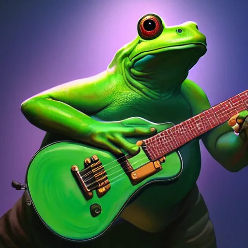 Image similar to a green big frog playing the guitar. intricate, epic lighting, cinematic composition, hyper realistic, 8 k resolution, unreal engine 5, by artgerm, tooth wu, dan mumford, beeple, wlop, rossdraws, james jean, marc simonetti, artstation